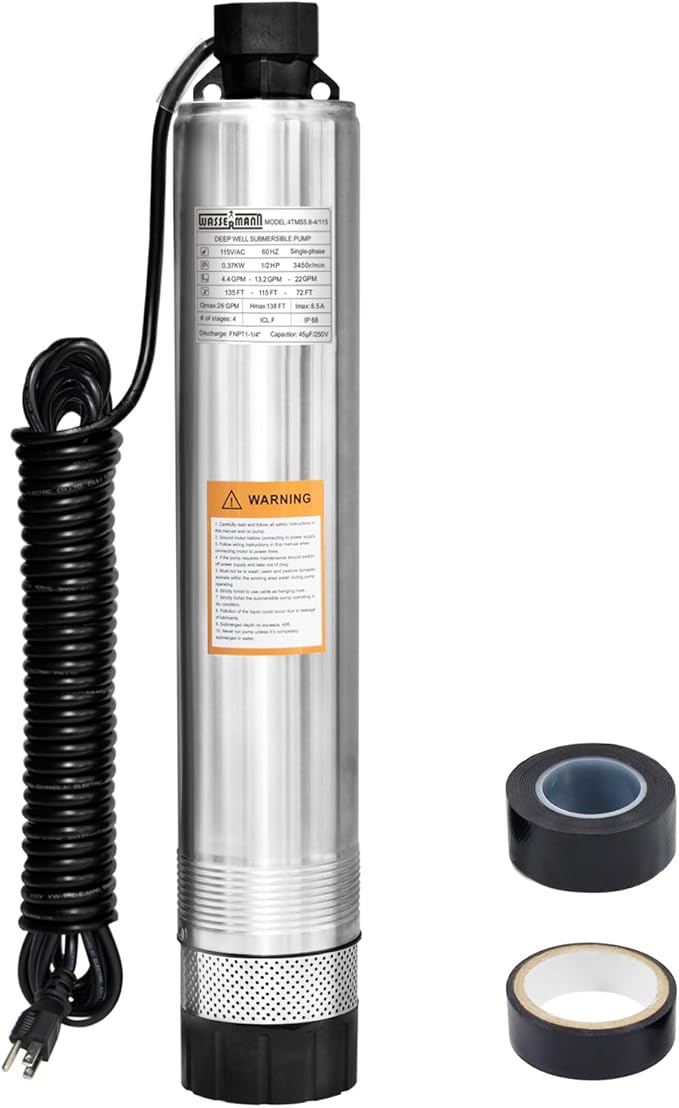 WASSERMANN 4" Septic Submersible Effluent/Cistern Bottom Suction Pump With 33FT Cable, 1/2HP, 230V/60HZ, 26GPM, 138FT Head, Stainless Steel Deep Well for Septic Tank Home