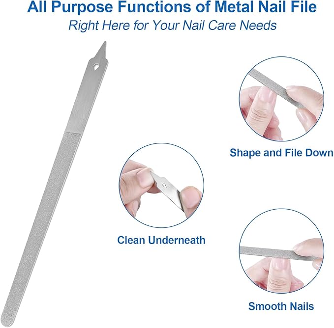 Metal Nail File (2 Pack) with Sharp Pointed Tip, Fingernail Files 8’’ for Natural Nails Stainless Steel Nail Filer Heavy Duty Sapphire Grit Double Sided Manicure Pedicure Toenails Tools