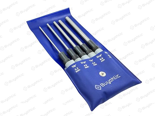 Buyohlic Drive Pin Punch Set with Knurled Grip and Protective Vinyl Case (Long Pin Punch)