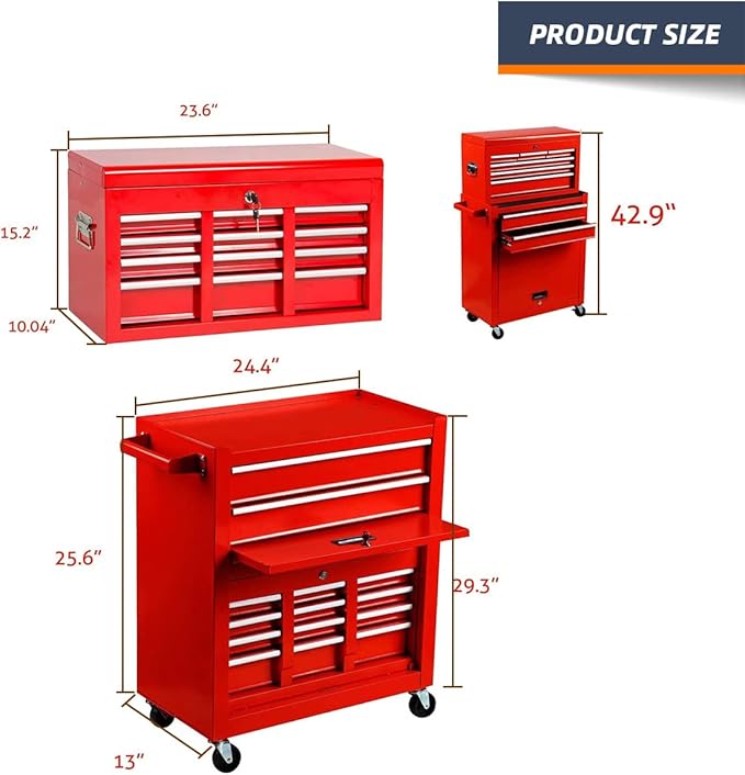 8-Drawer High Capacity Rolling Tool Chest, Big Storage Removable Tool Box Combo, Lockable Drawer Tool Cabinet for Workshop and Garage (Red)