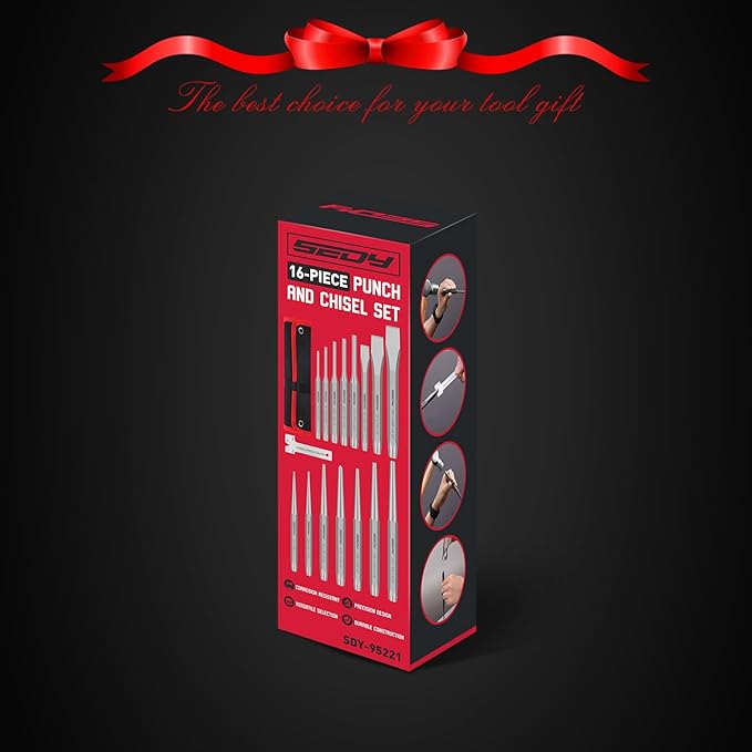 16-Piece Precision Punch & Chisel Set - Taper Punch, Pin Punch, Center Punch, Cold Chisels & Gauge for Versatile Applications