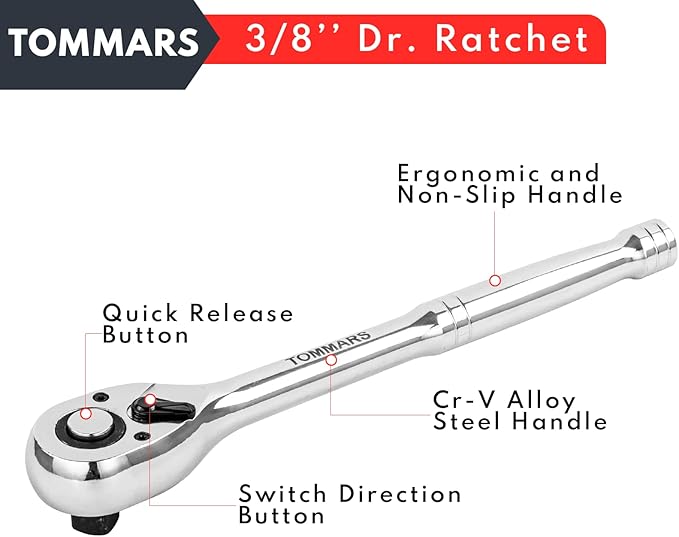 TOMMARS 3/8 inch Drive Ratchet, 72-Tooth Quick-Release Socket Ratchet Wrench Handle Reversible