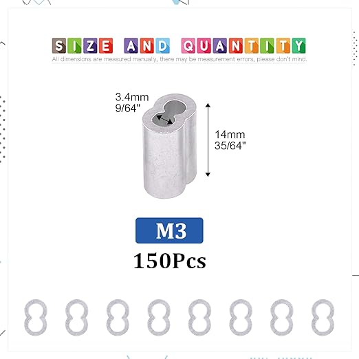 Glarks 150Pcs 1/8''(3mm) Aluminum Crimping Loop Sleeve Wire Rope Sleeves Double Barrel Ferrule for Wire Rope and Cable Line End (1/8''-150Pcs)