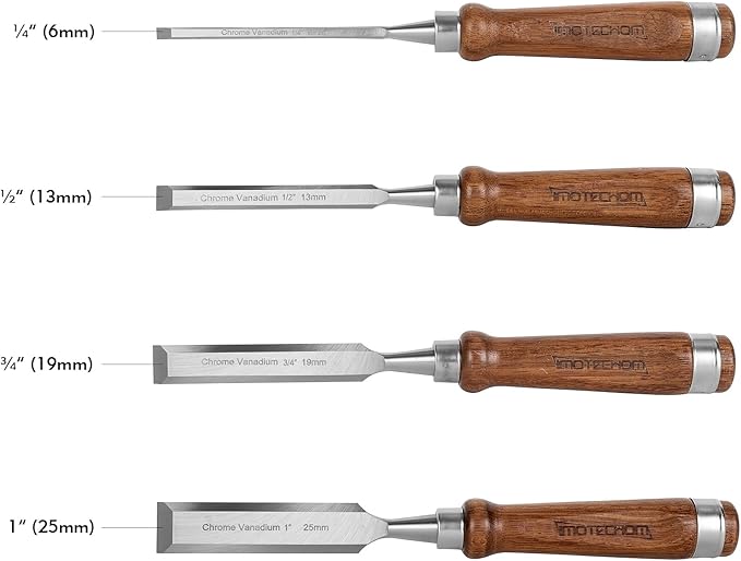 4-Pieces Woodworking Wood Chisel Set with Canvas Bag, Razor Sharp CR-V 60 Steel Blades