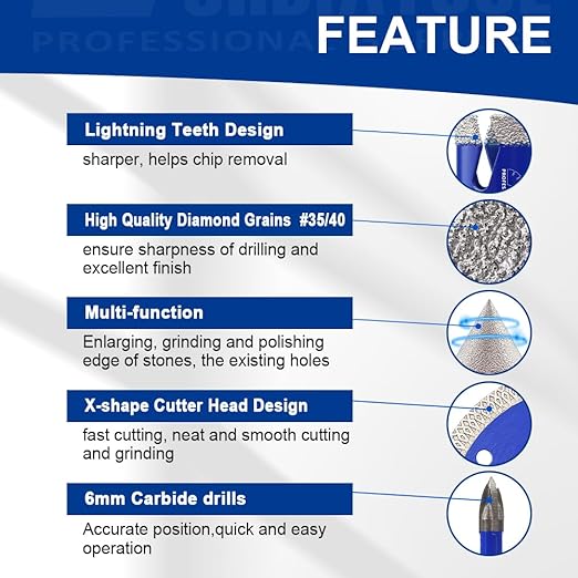 SHDIATOOL Diamond Tile Drill Bits Kit 15pcs, Porcelain Hole Saw Sets, Core Bits Cutter for Drilling Ceramic Marble Granite (6/8/10/20/25/35/50/75/100/20MM/2/SDS/HEX/6MM/4.5”)