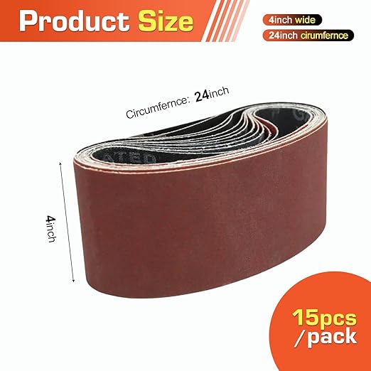 KonaFlex Sanding Belts 15 Pack 4x24 Inch Belt Sander Paper Aluminum Oxide with 60/80/120/150/240 Grits for Woodworking, Paint Sanding, Metalworking, Rust Removal
