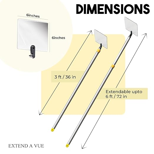 Inspection Mirror Telescoping Pole, Lightweight & Durable, 3 ft - 6 ft Pole, 6 x 6 inch Acrylic Mirror
