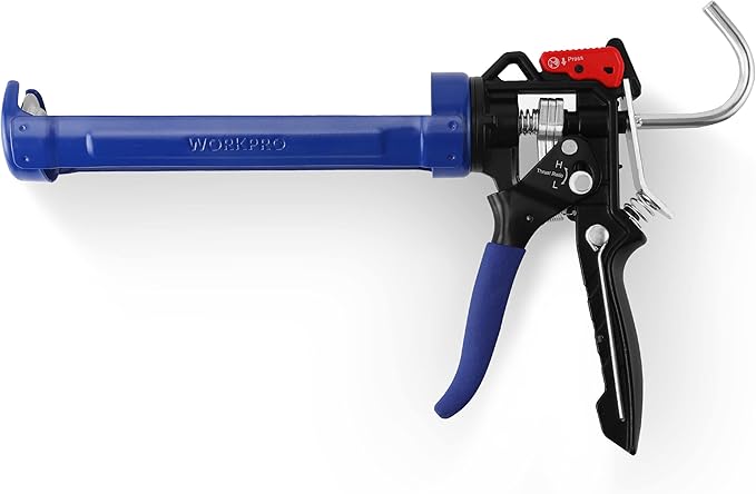 WORKPRO Caulking Gun, Adjustable Hand Caulk gun, Less-dripping Regulating, Sealant Silicone Gun with Comfort Grip, 9:1 & 18:1 Thrust Ratio, Smooth Round Rod for 10oz Caulk tubes