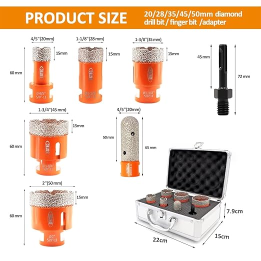 Diamond Core Drill Bits Set,BGTEC 7 pcs Tile Hole Saw Kit 20/28/35/45/50mm with 20mm Finger Bits for Porcelain Tile,Ceramic Granite Marble Stone Masonry Brick