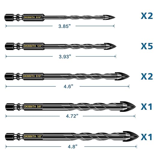 11-pc Carbide Masonry Concrete Drill Bit Set for Stone Tile Brick Ceramic Glass Metal Sheet Plastic Wood, Quick Change 1/4" Hex Shank, Size 3/16" 1/4" 5/16" 3/8" 1/2" with Storage Case