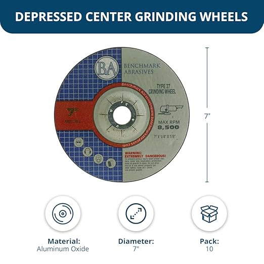 Benchmark Abrasives 7 Inch Grinding Wheel for Metal, Steel, Fiberglass - Thin Type 27 Depressed Center Angle Grinder Cutting Disc with 7/8" Arbor Hole, Cut Off Wheels Grinder Wheel - 10 Pack