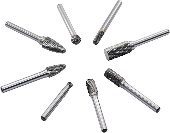 Carbide Burr Set 8pcs with 1/4''Shank Double Cut Solid Power Tools Tungsten Carbide Rotary Files Bits for Die Grinder Metal Wood Carving Engraving Polishing Drilling Grinding Milling Cutting