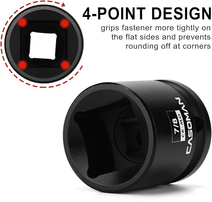 CASOMAN 1/2-Inch Drive 7/8-Inch Square Impact Socket, 4-Point, SAE, CR-MO