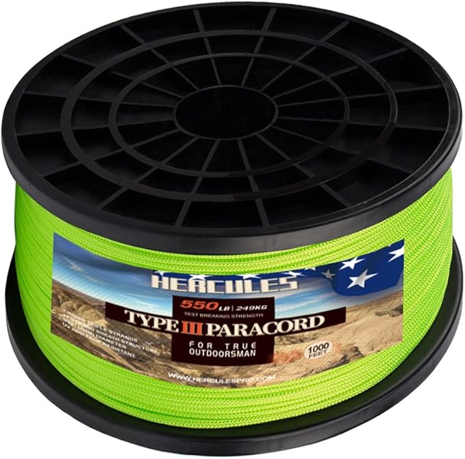 HERCULES Type III Paracord 550 Paracord Rope Parachute Cord, 1000' Neon Green for Camping Cord, Survival Rope