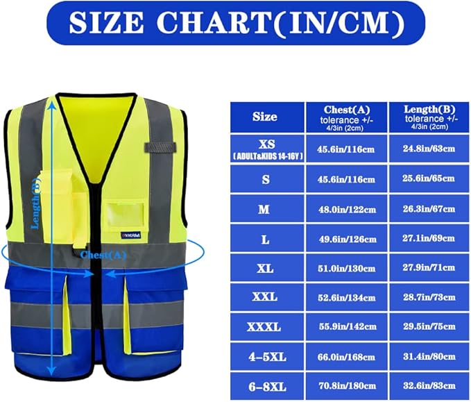 6XL 7XL 8XL High Visibility Yellow Blue REFLECTIVE Safety Vest with zipper Reflective Strips 7 Pockets