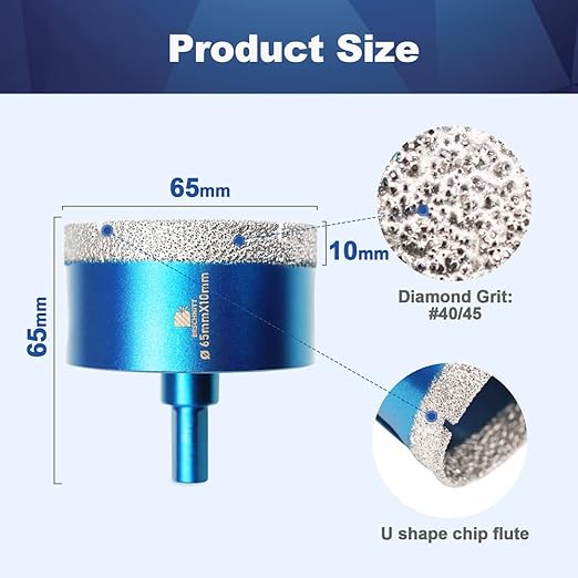 Dry Diamond Core Drill Bit Set,BRSCHNITT 2 4/7 Inch (65mm) Diamond Hole Saw Core Drill Bit with Triangle Shank for Porcelain Tile Ceramic Stone Granite Marble