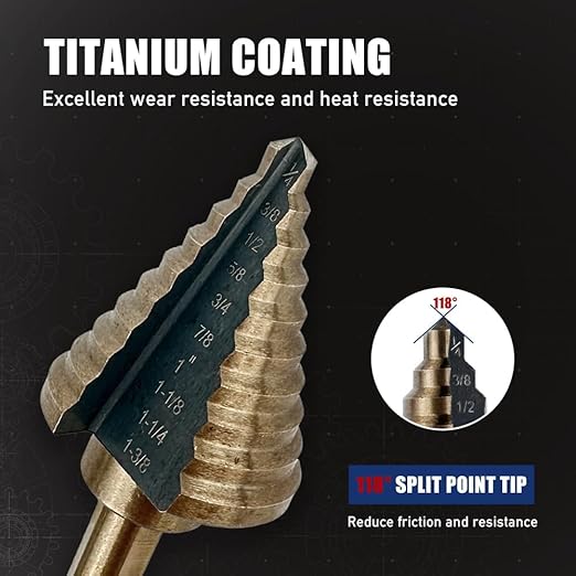 6pcs Step Drill Bits for Metal, Step Drill Bit Set 50 Sizes Tri-Flat Shank HSS Titanium-Coated with Center Punch for Aluminum, Wood, Plastic, with Aluminum Case, from Pro-Edge Technology