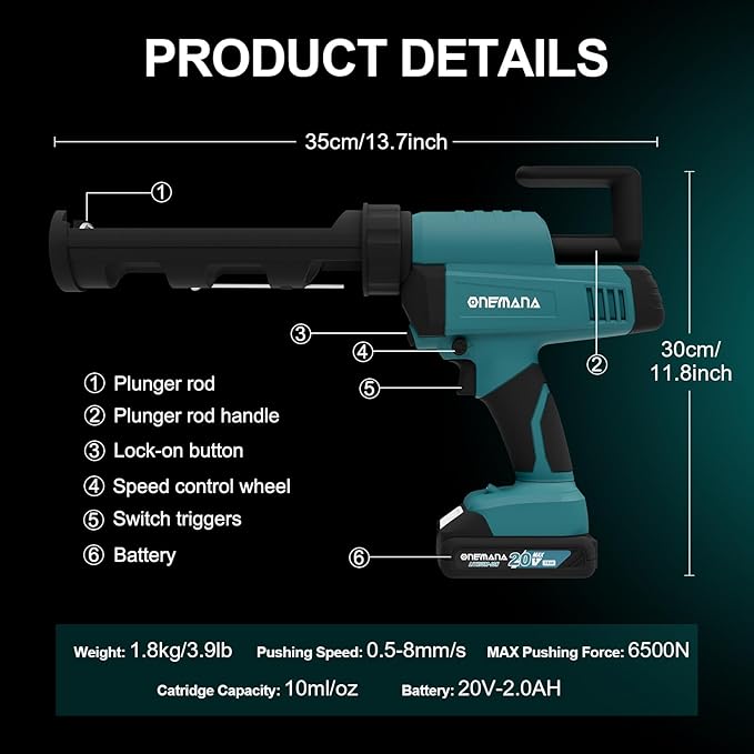 Caulk Gun 20V Auto Retract Drip-Free Caulking Gun with LED 300ml/10oz Silicone Caulking Tool for Filling Sealing 6 Adjustable Speed Electric Caulking Gun Kit with Battery and Charger