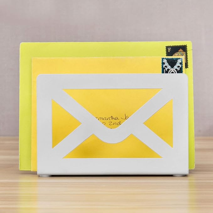 MyGift White Metal Desktop Mail Holder with Cutout Envelope Design Home and Office Desk Letter Organizer
