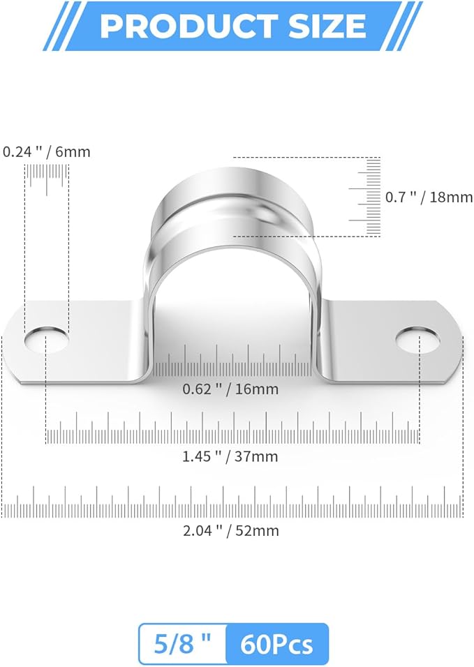 60Pcs 5/8 Inch (16mm) 304 Stainless Steel Conduit Clamps, U-Tube Strap Pipe Clamp Two Hole Strap U Bracket Rigid Pipe Strap Clamps Metal Conduit Strap Tension Clips U-tube Clamp Heavy Duty