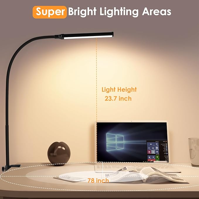 ShineTech LED Desk lamp with Clamp, 3000K Warm White 11 Brightness Level Eye-Caring Clip Lights for Home Office, Flexible Gooseneck USB Adapter, Black