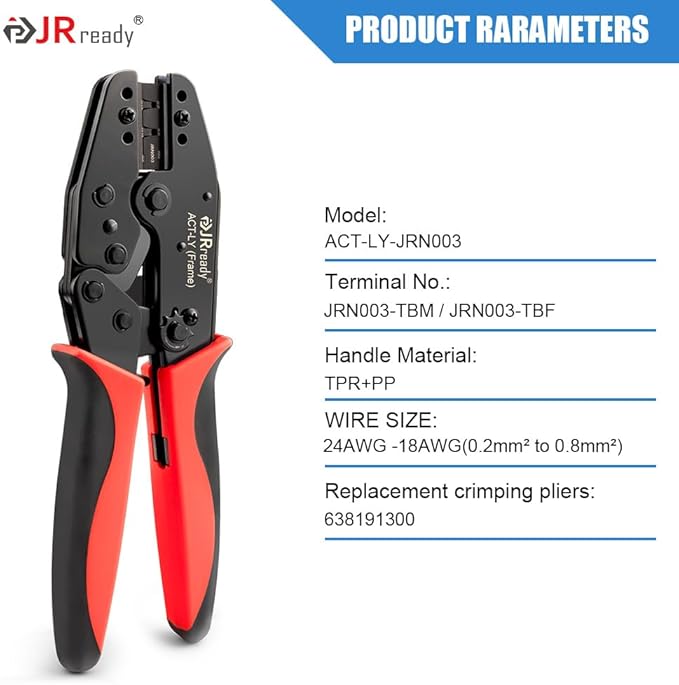 JRready ACT-LY-JRN003 Open Barrel Terminal full cycle ratcheting PremiumGrade Hand Crimping Tool, for Molex MLX (2.13mm) Pin and Socket Crimp Terminals 42023 40204 Series, 18-24 AWG