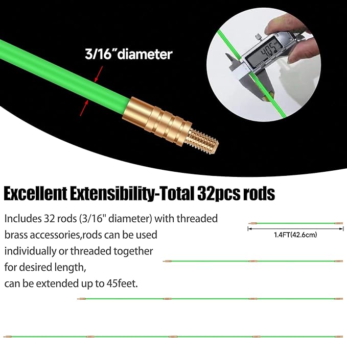 45FT Fiberglass Running Electrical Wire Cable Glow Rods Wire Pulling, Fish Rods Electrical Kit with 8 Different Attachments and Fish Tape Wire Puller Kit