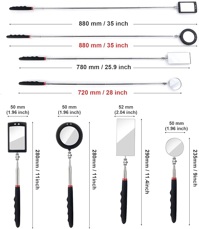4PCS Telescoping Inspection Mirror LED Lighted Inspection Mirror for Mechanic Checking Vehicle, Car, Eyelashes, Mouth, Small Parts Observation (Extendable, Rectangle & Round)