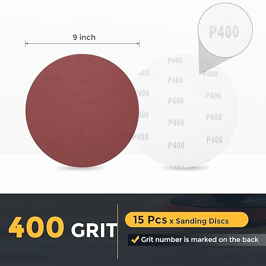 HARFINGTON 15 Pcs 9 Inch Sanding Disc 400 Grit Hook and Loop Sandpaper Random Orbital Sander Pads for Woodworking Automotive Metal Polishing