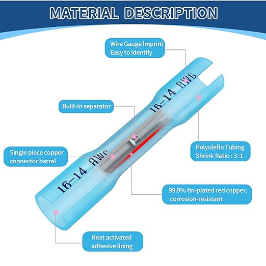 1000 Pcs Blue Heat Shrink Butt Connectors, 16-14 AWG Marine Grade Insulated Crimp Electrical Connectors, Terminals Splices for Automotive, Marine, Industrial, Home