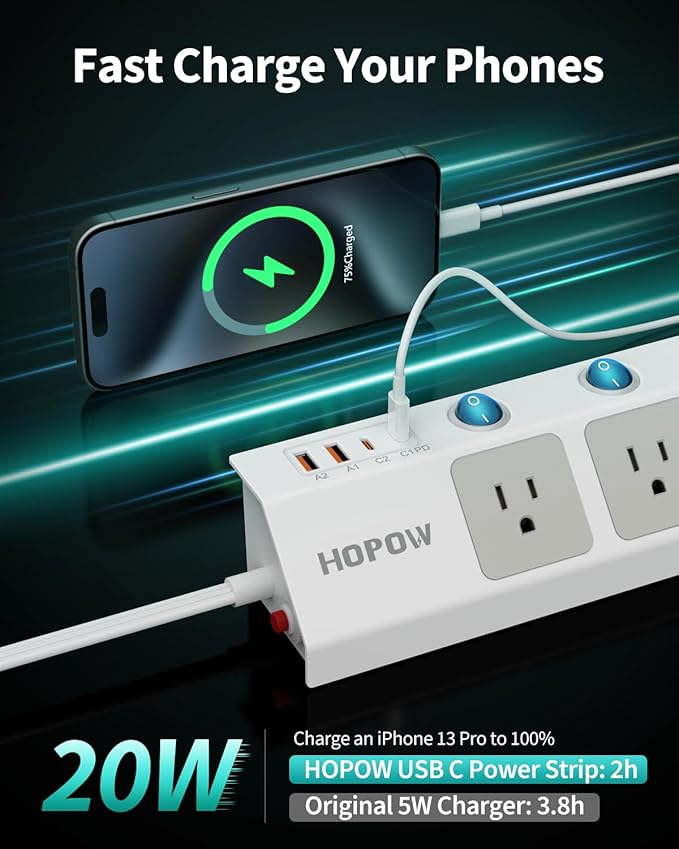 Flat Plug Power Strip with Individual Switches, 10 Ft Ultra Thin Flat Extension Cord, 5-Outlet Surge Protector with 2 USB-C (20W PD) & 2 USB-A, 1700 Joules, Wall Mount for Home Office, White