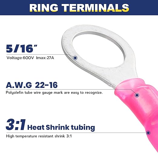 haisstronica 200pcs 5/16" Red Marine Grade Heat Shrink Ring Connectors,22-16 Gauge Tinned Red Copper 0.7mm Ring Terminals Connectors,Brazed-Seam Insulated Electrical Crimp Wire Terminals