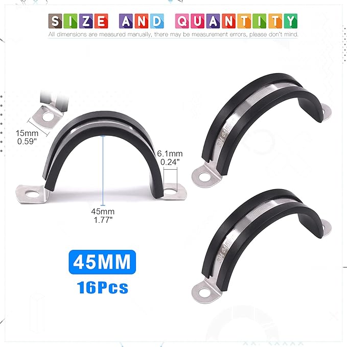 Glarks 16Pcs 45MM 2 Hole U-Tube Strap Clamp Set 304 Stainless Steel Rubber Cushion Rigid Pipe Strap U Bracket Tube Strap Assortment Kit For Pipe Tube Fixing (45mm)