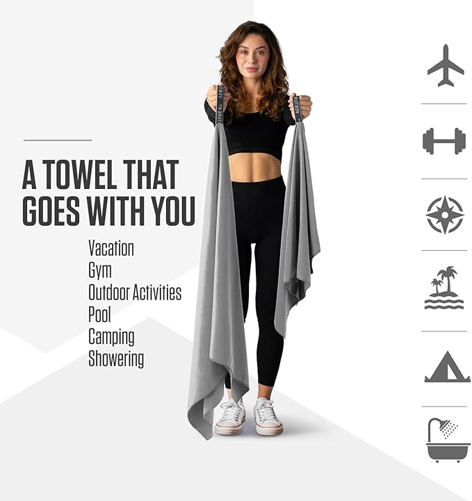 VENTURE 4TH Quick Dry Towel. Microfiber Travel Towel Ideal for Camping, Hiking, Backpacking, Gym. Lightweight & Fast Drying Travel Towels for Body. Compact & Easy to Pack - Light Gray Medium