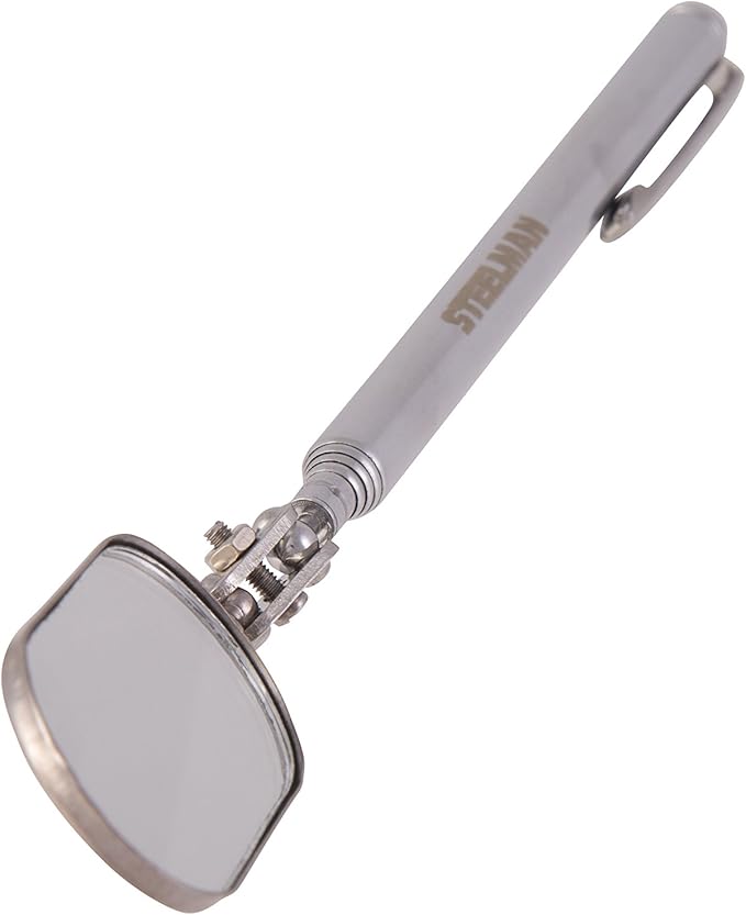 Steelman 21-Inch Telescoping Auto Inspection Mirror, Articulating 1 x 2-Inch Rounded Rectangular Mirror, Pocket Clip, Plated Brass