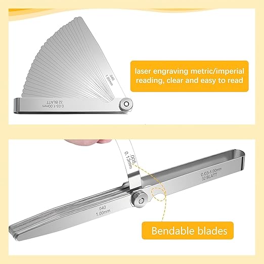 32 Blades Stainless Steel Feeler Gauges Set - Metric & Imperial Measuring Tools for Spark Plug and Valve Gap Adjustment, 0.03-1mm / 0.001-0.040 Inch