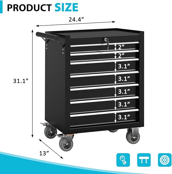 7 Drawers Metal Rolling Tool Chest, Portable Storage Rolling Tool Box, Toolbox on Wheels for Warehouse, Garage, Repair Shop and Tool Room (Black, 7-Drawer)