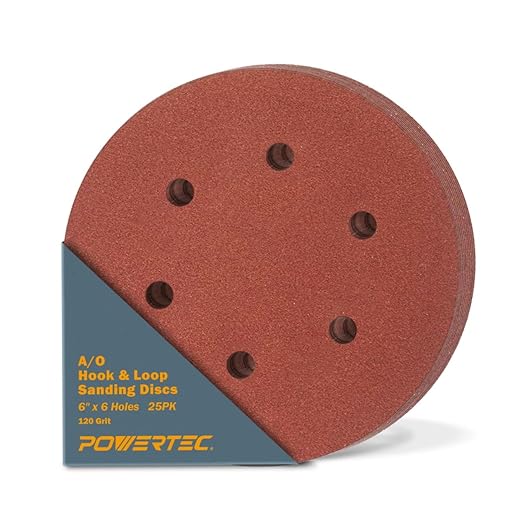 POWERTEC 120 Grit, 25 PK, 6 Inch Sanding Discs – Hook and Loop, 6-Hole Aluminum Oxide Orbital Sander Pads, Woodworking & Paint Round Sandpaper for Random Orbital, Air, Pneumatic & DA Sanders (45212)