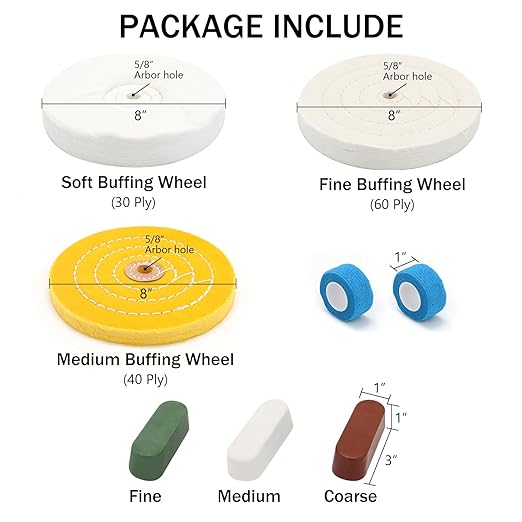 SCOTTCHEN 8inch Buffing Polishing Wheels 5/8" Arbor Hole,Soft/Fine/Medium for Bench Grinder-3PCS,with Buffing Polishing Cutting Compounds 7.4 Oz.Kit,with 2 Pack Non-Woven Bandage Wrap