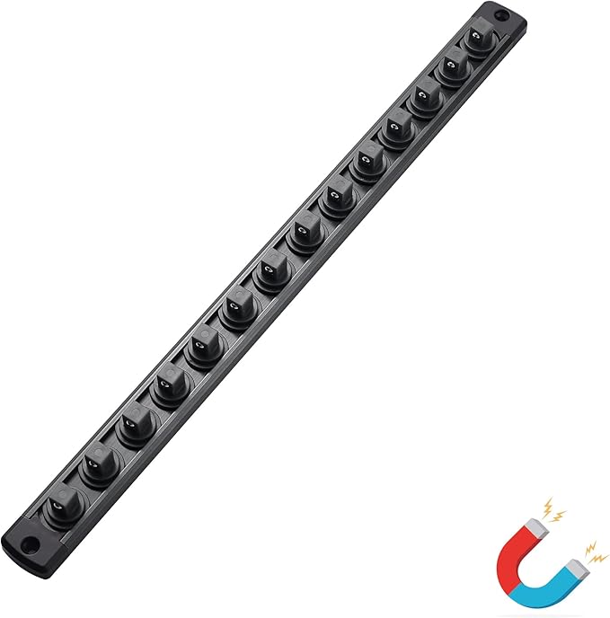 ALOANES Magnetic Socket Organizer, 3/8-Inch Drive Aluminum Socket Holder Socket Tray, Heavy Duty Socket Rail Organizer for Tool Box Drawer, 360°Swivel Clips Socket Rack 3/8-Inch x 14 Clips (Black)
