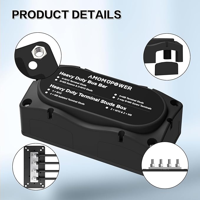 300A Bus Bar 12v Power Distribution Block 4 x 5/16"(M8) Terminal Block Heavy Duty Waterproof Buss Bar Junction Block Marine Battery Bus bar for Automotive Boat Solar System(Black)