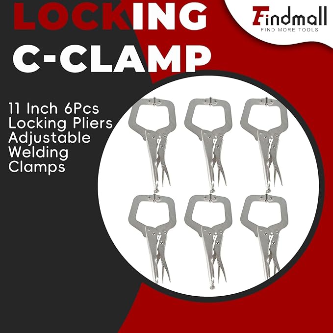 findmall 6Pcs 11 Inch Locking C Clamps with Swivel Pads Heavy Duty C-Type Locking Plier Table and Tool Vise Grip for Shop Home Farm and Automotive DIY Woodworking Welding Cabinetry Pocket Hole Joinery