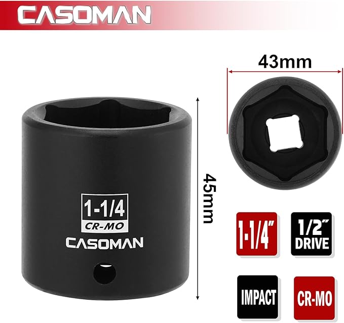 CASOMAN 1/2" Drive x 1-1/4" Impact Socket, 6-Point, SAE, CR-MO