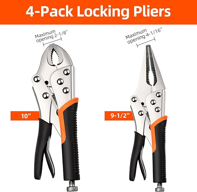 4-Pack Locking Pliers & Vice Grips Set - 2x 10" Curved Jaw Locking Pliers, 2x 9-1/2" Needle Nose Vise Grips for Welding, Metal Bending & Woodworking - Ergonomic Handle