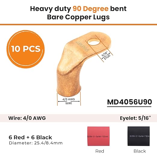 SELTERM 10pcs - 4/0 AWG 5/16" Stud - 90° Bent Battery Lugs - Ring Terminal Connectors with 12pcs 3:1 Black & Red 1" Heat Shrink Tubing - Heavy Duty Battery Cable Ends - Bare Copper Wire Connectors Kit