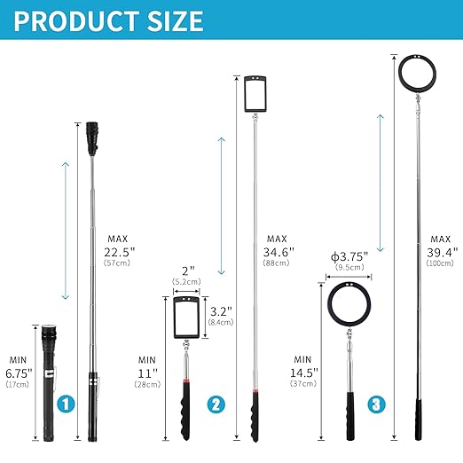3 Pack Telescoping Inspection Mirrors LED Light & Magnet Flashlight Pickup Tool Set, Large 3.75" Round, 3.3" Square Mirror, for Inspection Viewing, Mechanic Checking, Observation