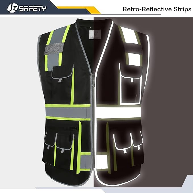 JKSafety 10 Pockets Hi-Vis Zipper Front Black Safety Vest | Cushioned Collar | High Reflective Tapes with Extended Neon Yellow Strips | Meets ANSI/ISEA Standards (XX-Large, 89-Black)