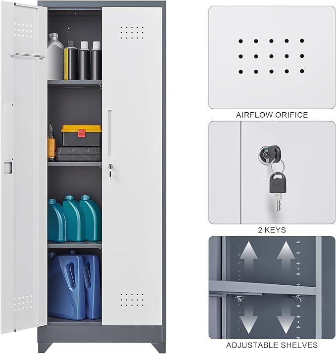 Broom Storage Cabinets, 65" Tall Broom Closet with Hanging Rod, Utility Closet Storage Cabinets with Doors and Shelves, Cleaning Tool Cabinet for Utility Room, Bathroom