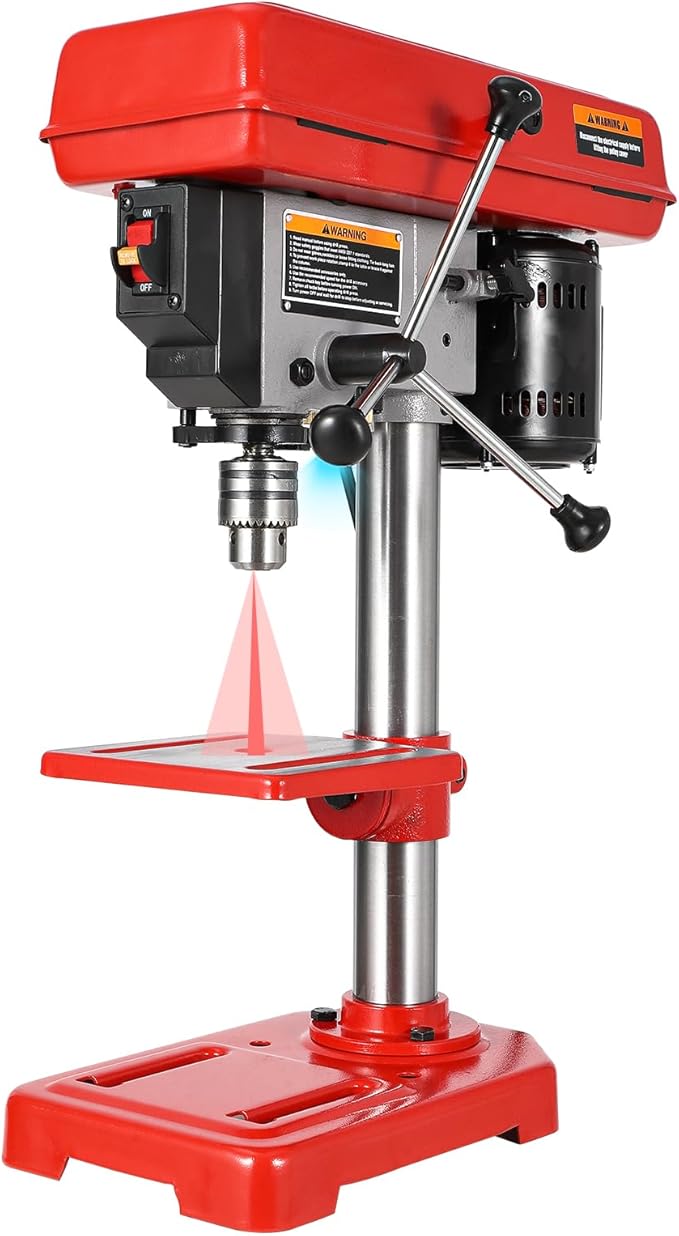 8" Benchtop Drill Press, Laser Ray (Class II Max. 1mW), Tabletop Drilling Machine with 5 Adjustable Speeds (620 to 3100 RPM), 0-45°Tilting Worktable with LED Light (1W), for Wood or Metal
