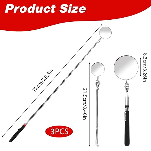 3 Pack Stainless Steel Mechanic Mirror Telescoping Inspection Mirror Extendable Mirror Round Mirror Inspection Tool for Check Observe Vehicle Small Part Eyelashes Mouth